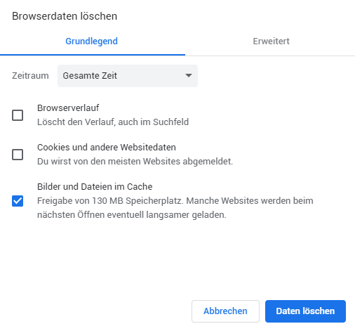 Öffnen Sie Ihren Browser und drücken Sie Strg + Shift + Entf.
Wählen Sie die Option zum Löschen des Browserverlaufs und des Caches aus.