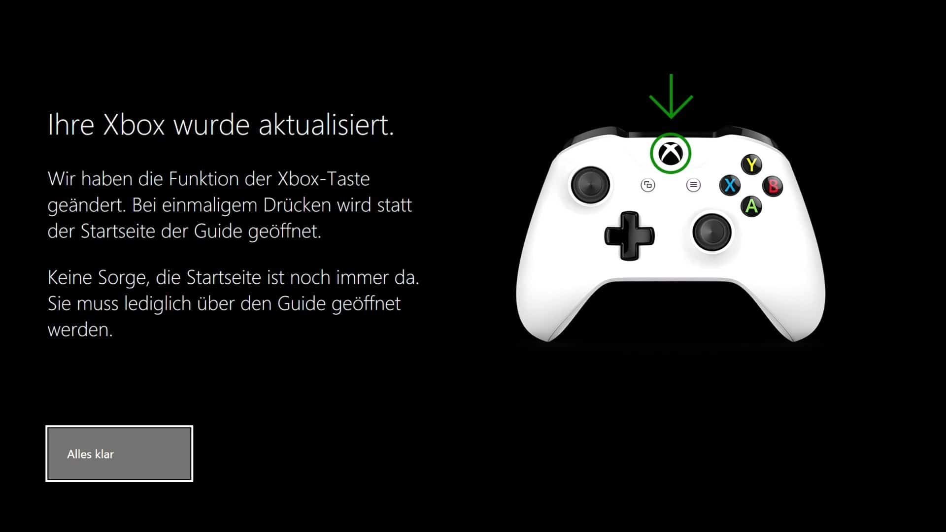 Starten Sie Ihre Xbox One und melden Sie sich bei Ihrem Konto an.
Drücken Sie die Xbox-Taste auf dem Controller, um das Guide-Menü zu öffnen.